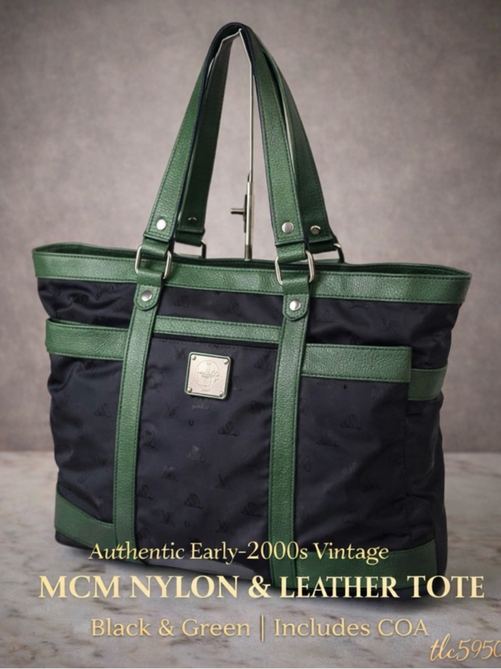 Authentic MCM Black Tote with Green Leather Trim and Straps-Vintage w/COA